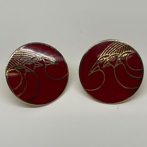 Vintage Signed LAUREL BIRCH Goldtone Red CELESTIAL BIRDS Round Pierced Earrings